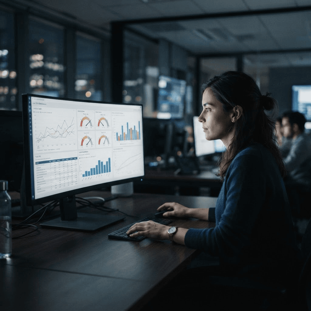 An analyst reviewing risk-score dashboards on a monitor in a dim fintech office