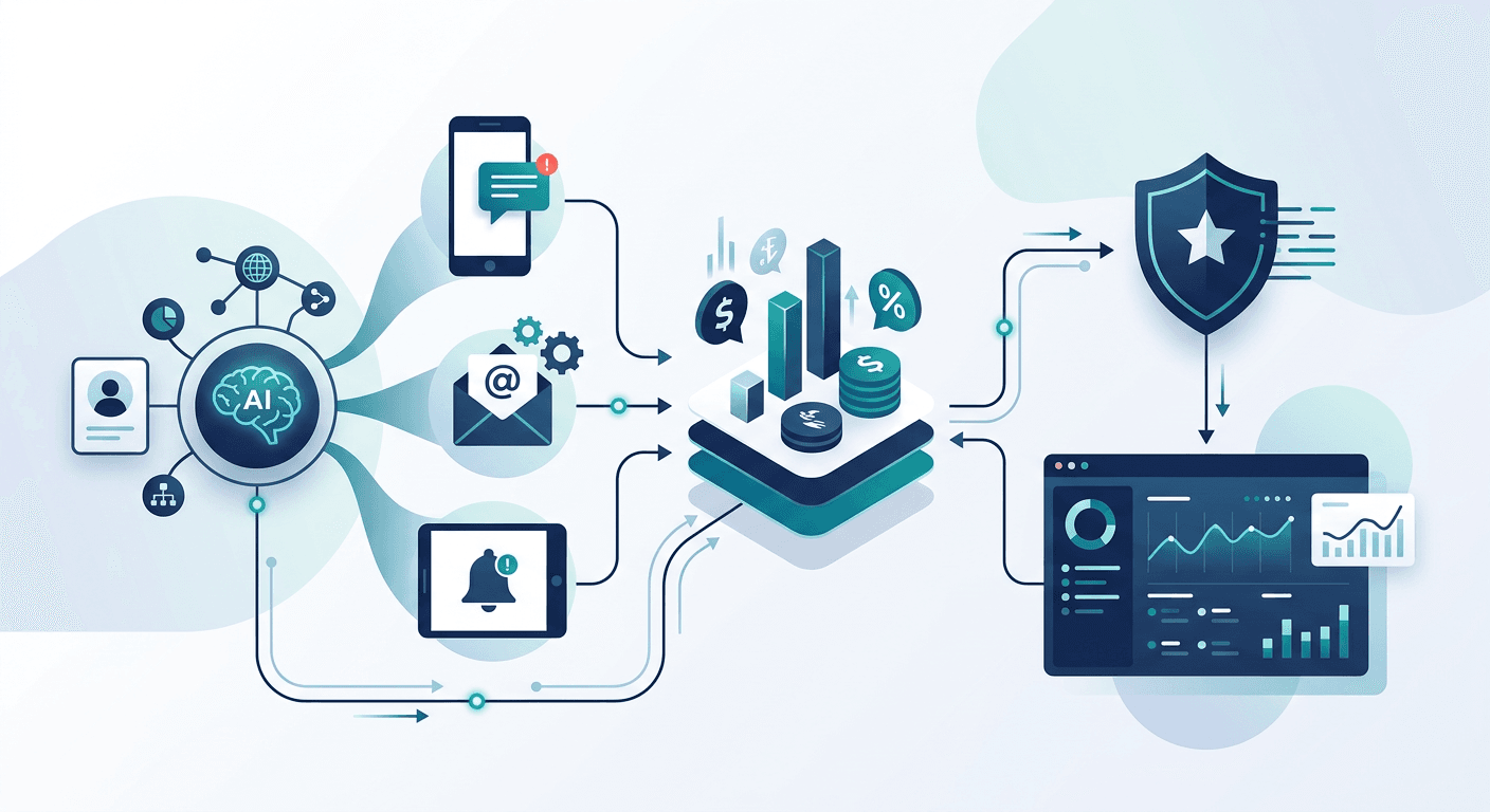 Abstract AI debt collection workflow with payment plans, communication channels, and a compliance shield