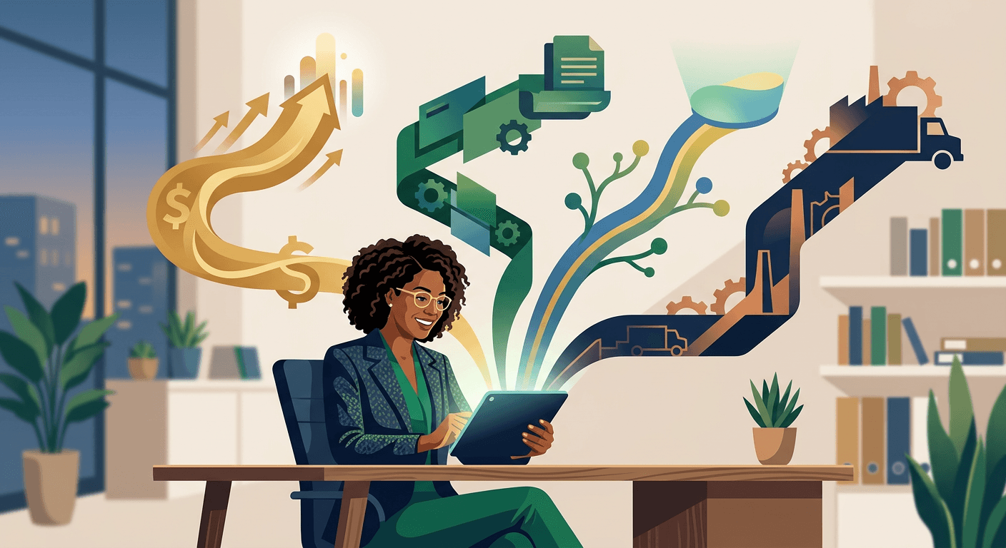 Small business owner reviewing four abstract financing paths on a tablet