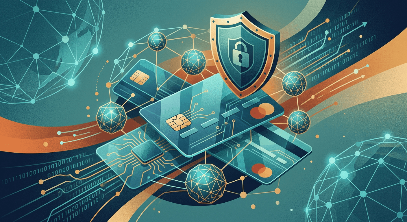 Abstract corporate payment cards surrounded by secure fraud-prevention data nodes