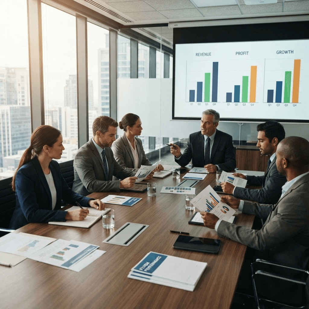 Executives reviewing printed financial reports in a boardroom with a chart-filled screen behind them