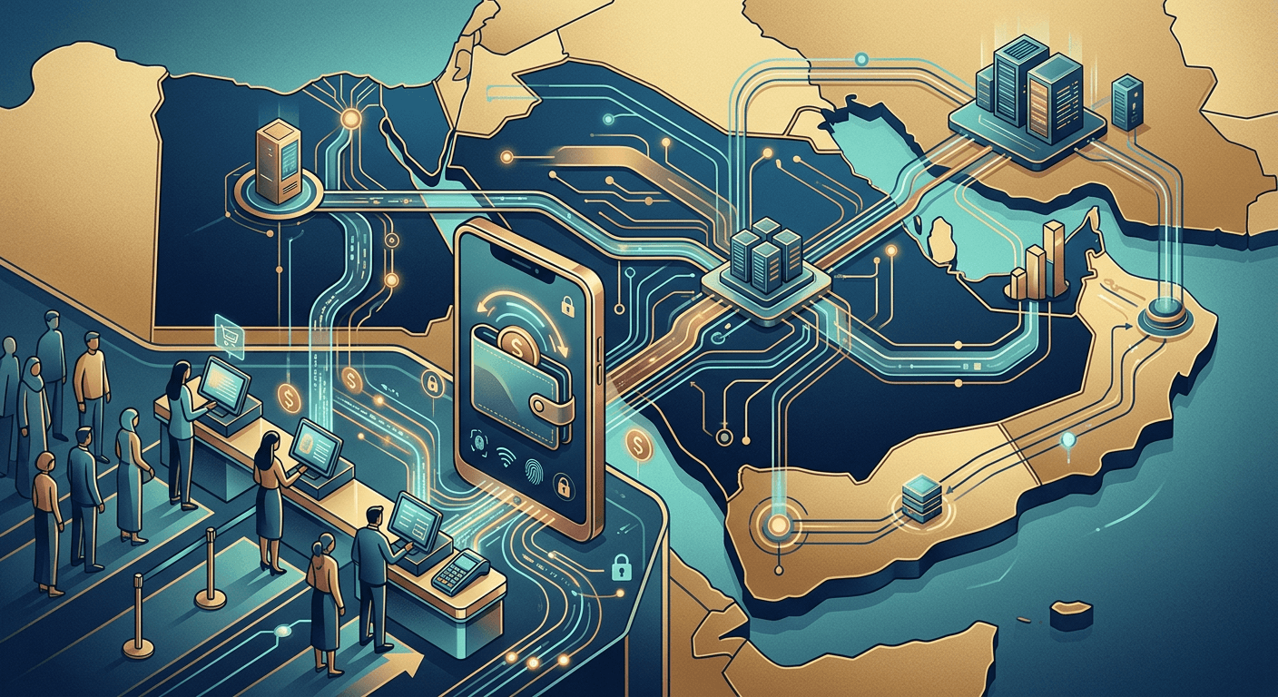 Abstract Gulf-region digital payments network connecting merchant checkout and mobile wallet rails
