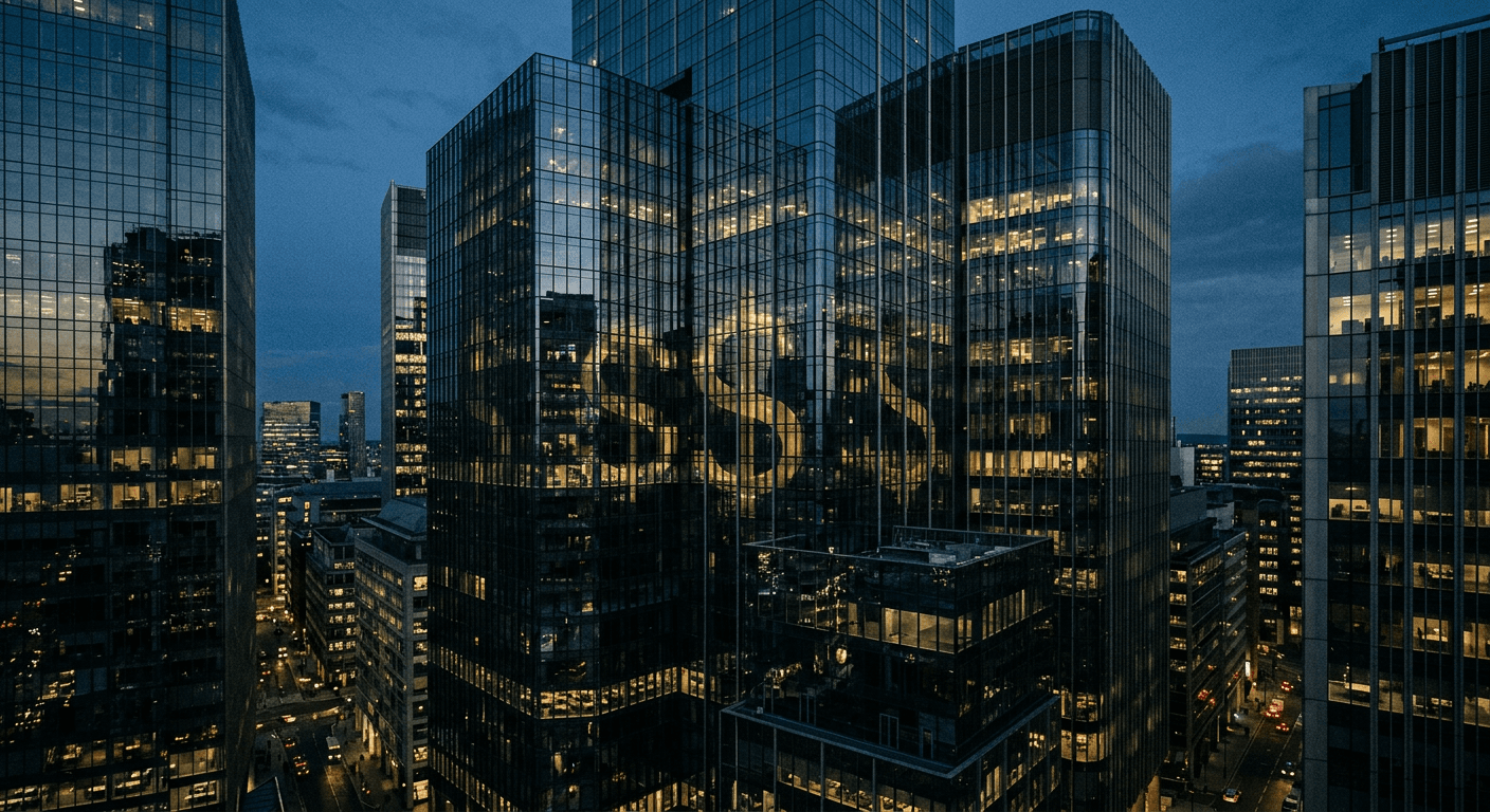 A row of illuminated glass office towers reflecting each other at dusk