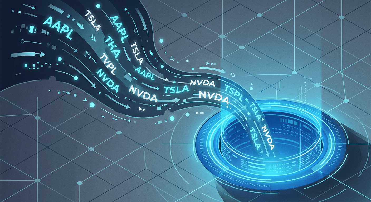 An abstract illustration of stock ticker symbols flowing into a glowing digital lending pool