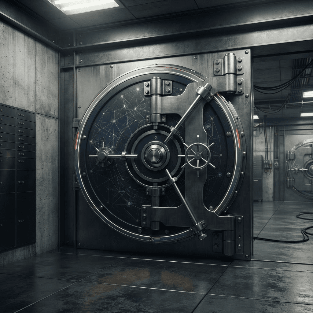 A stylized bank vault door etched with faint blockchain node lines