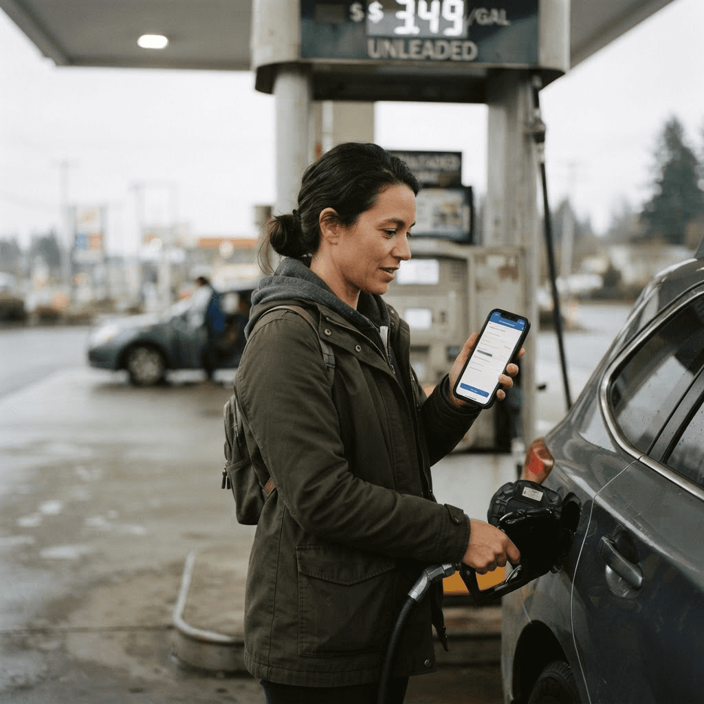 A consumer at a gas station holding a smartphone with a payment installment app