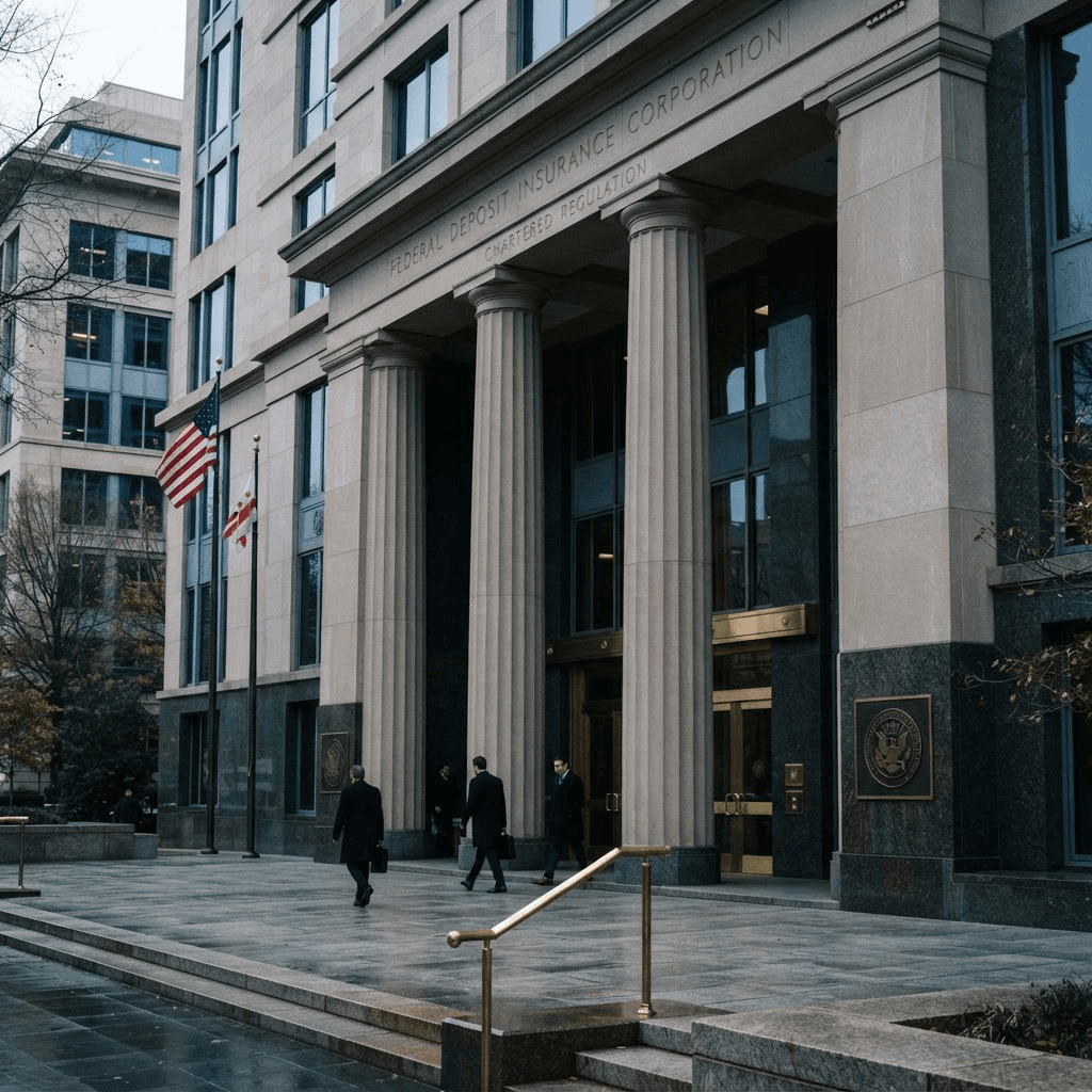 The facade of a federal regulatory building with columns