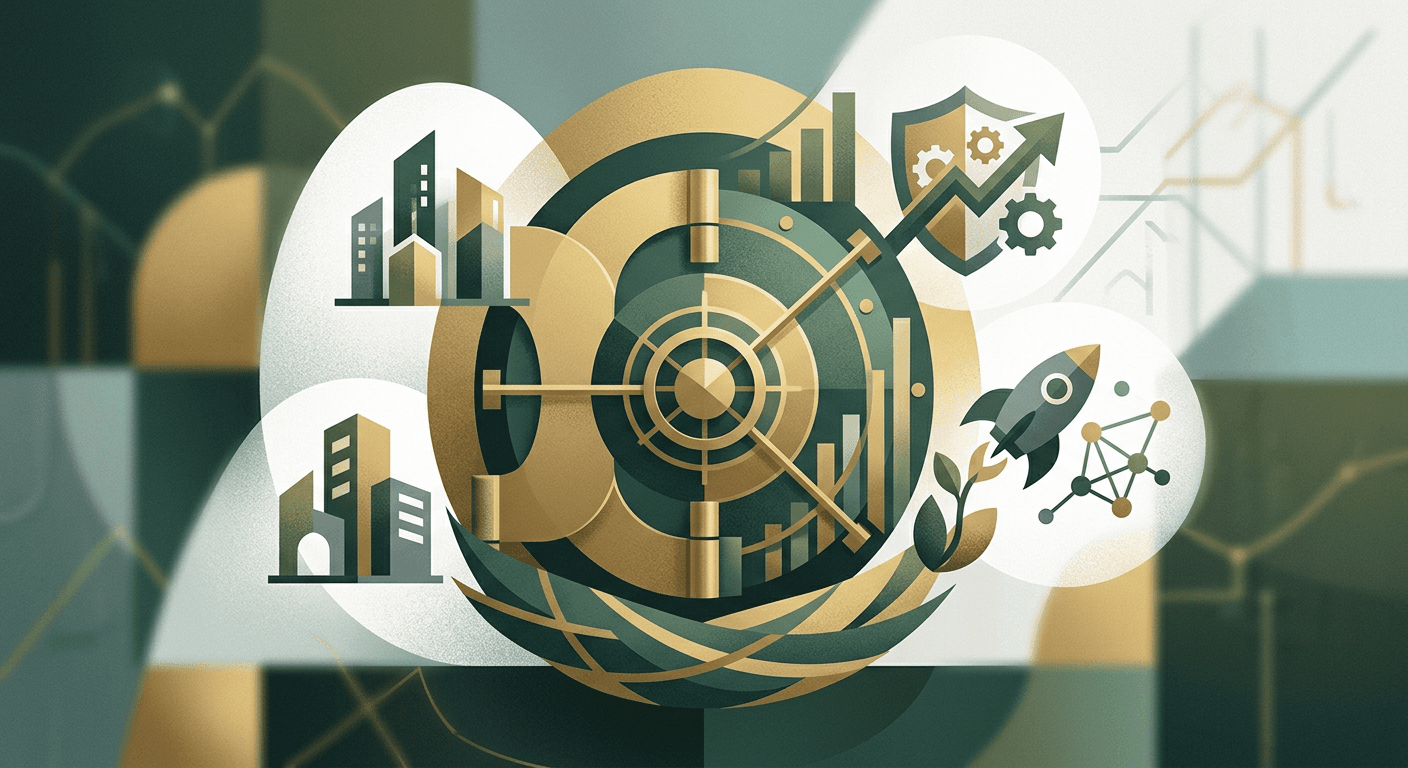 Abstract illustration of a retirement vault merging with alternative asset icons