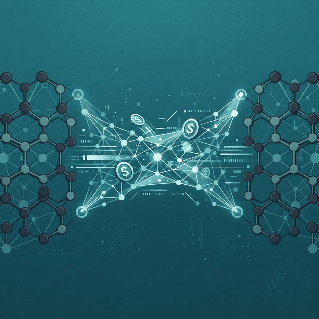 Abstract illustration of interconnected blockchain nodes forming a bridge between separate chain networks