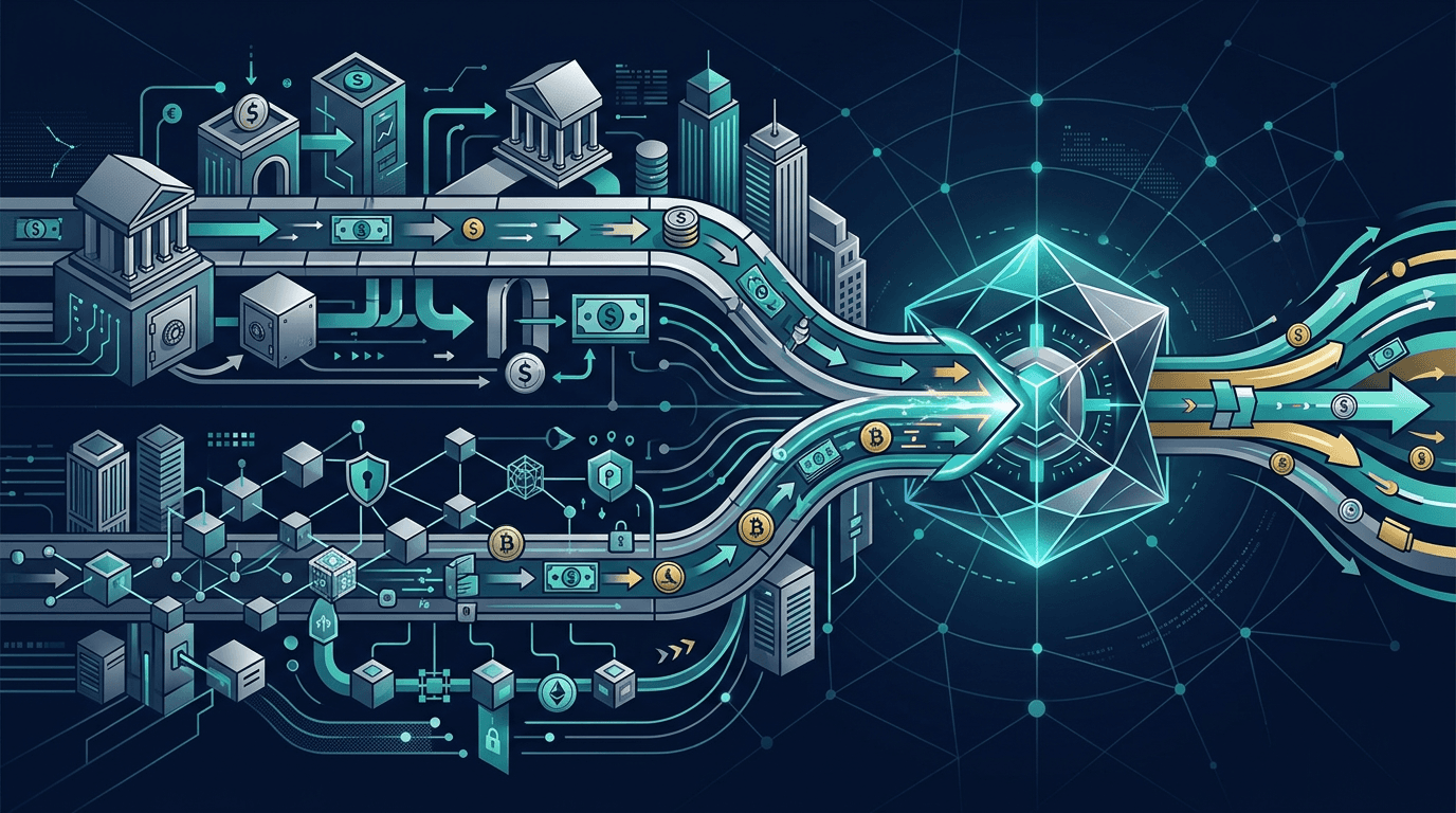 Abstract payment network with fiat and digital-asset rails converging into one orchestration hub
