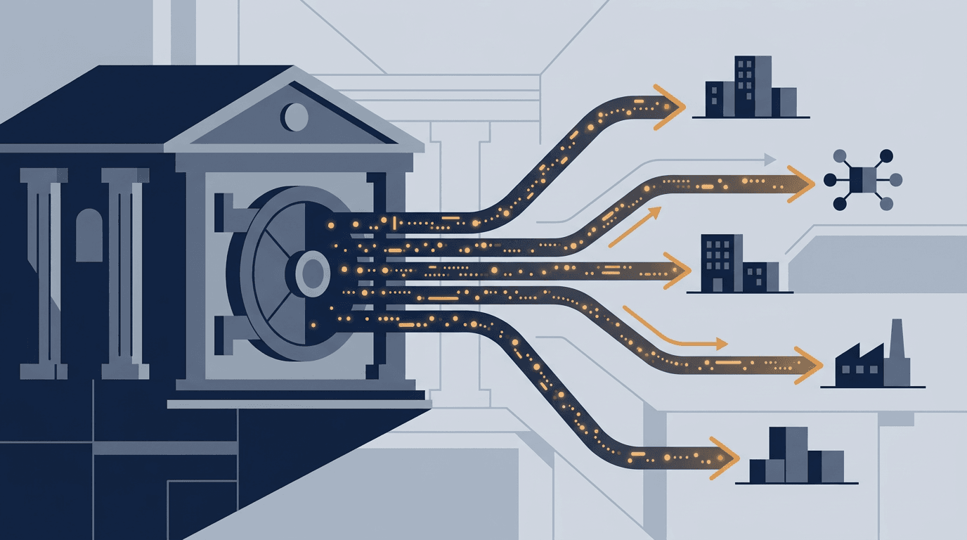An abstract illustration of glowing particle streams flowing out of a stylized bank vault toward smaller destinations
