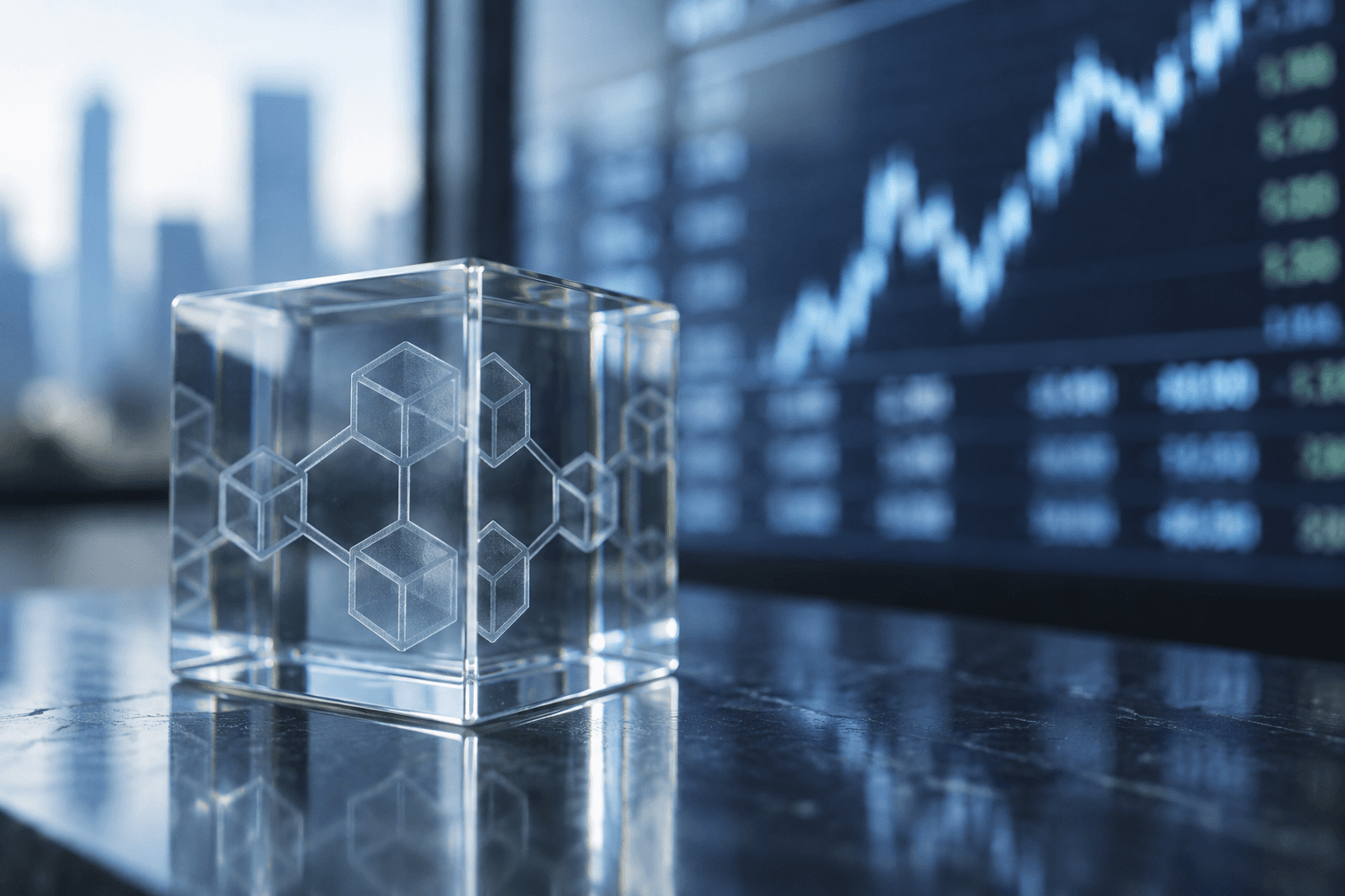 A translucent glass block etched with faint geometric patterns beside a blurred stock ticker display