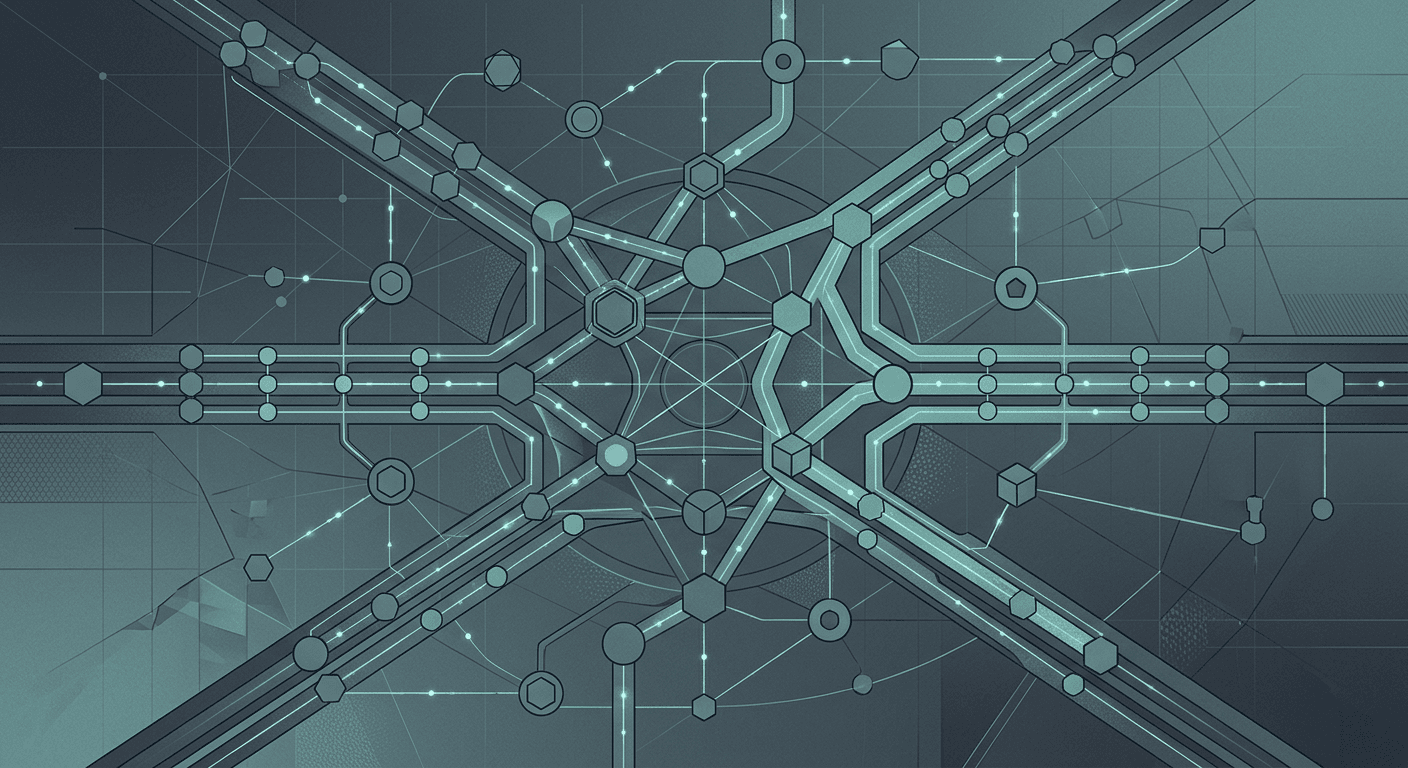An abstract illustration of interconnected nodes and routing paths representing a payments coordination network