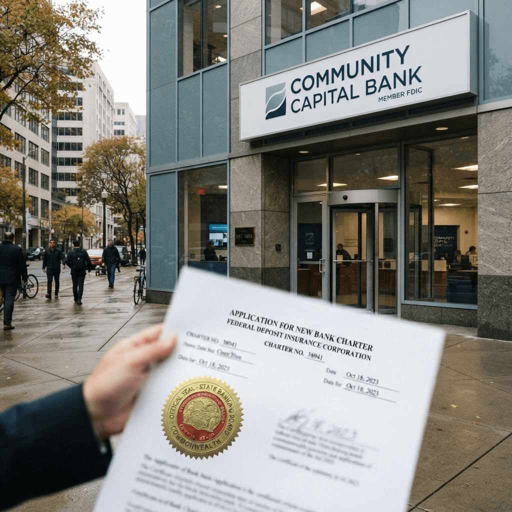 The exterior facade of a modern bank branch with a document bearing an official seal blurred in the foreground