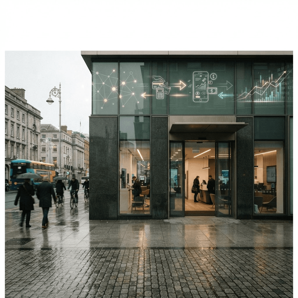 A modern bank branch exterior with a subtle digital overlay suggesting payment processing