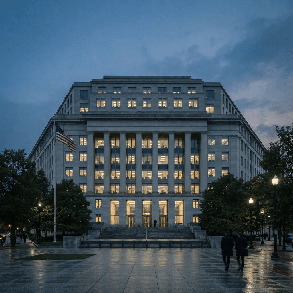 A federal regulatory office building exterior at dusk with a subtle American flag in frame