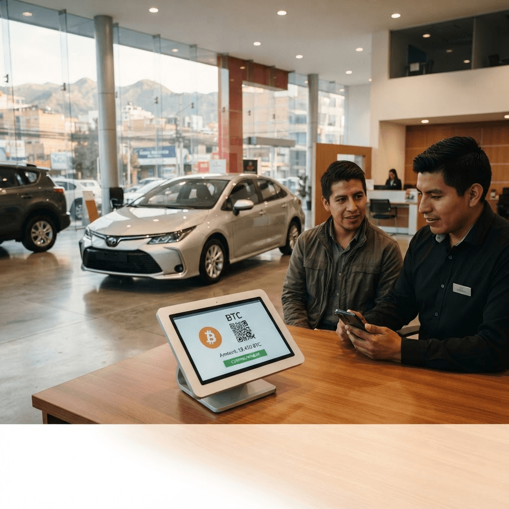 A modern car dealership showroom with a new sedan under warm lighting