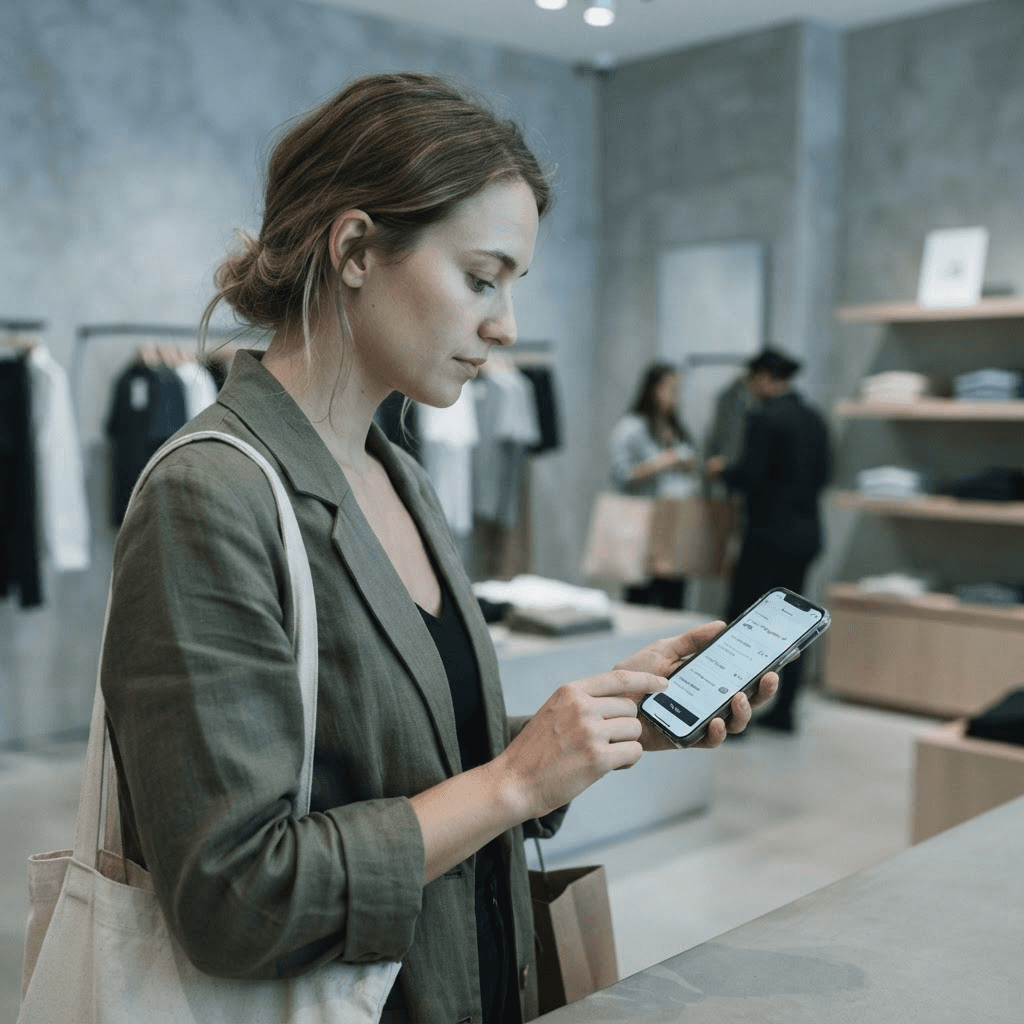 A shopper completing a buy-now-pay-later checkout on a smartphone in a retail store