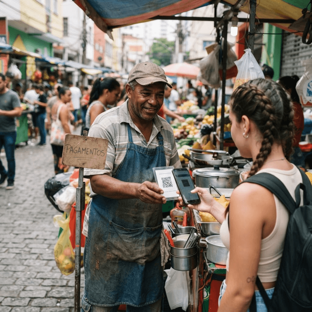A street vendor in Brazil accepting a mobile payment via QR code scan