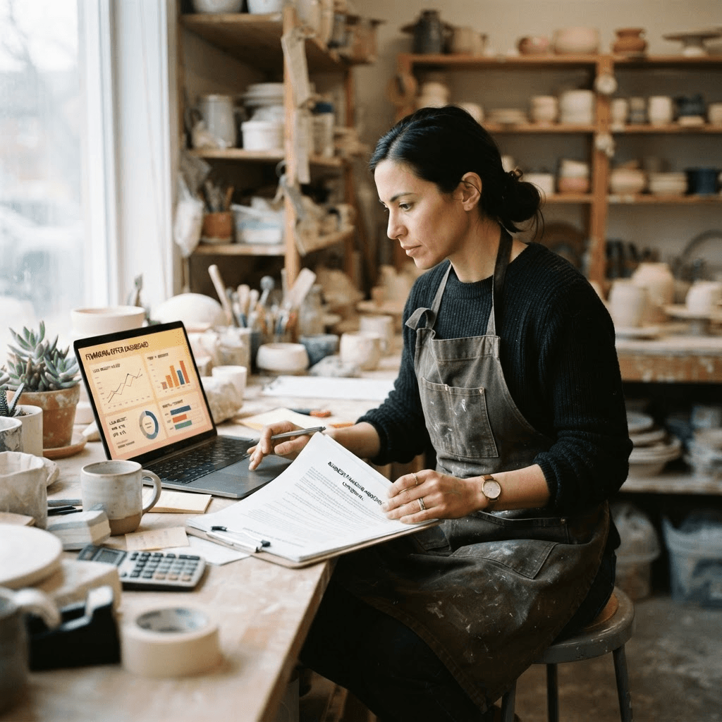 A small business owner reviewing financing paperwork and a laptop dashboard at a workshop counter
