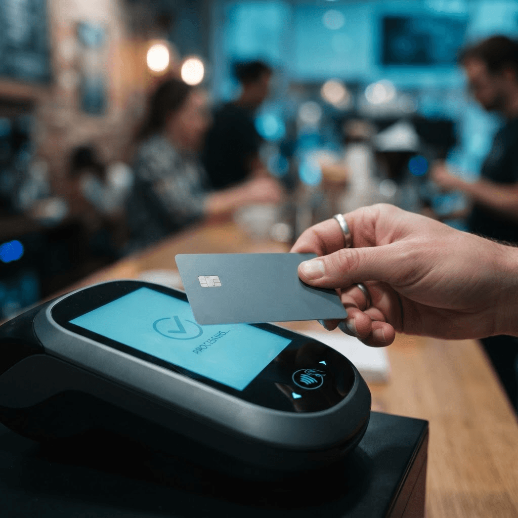 Close-up of a payment card being tapped at a point-of-sale terminal