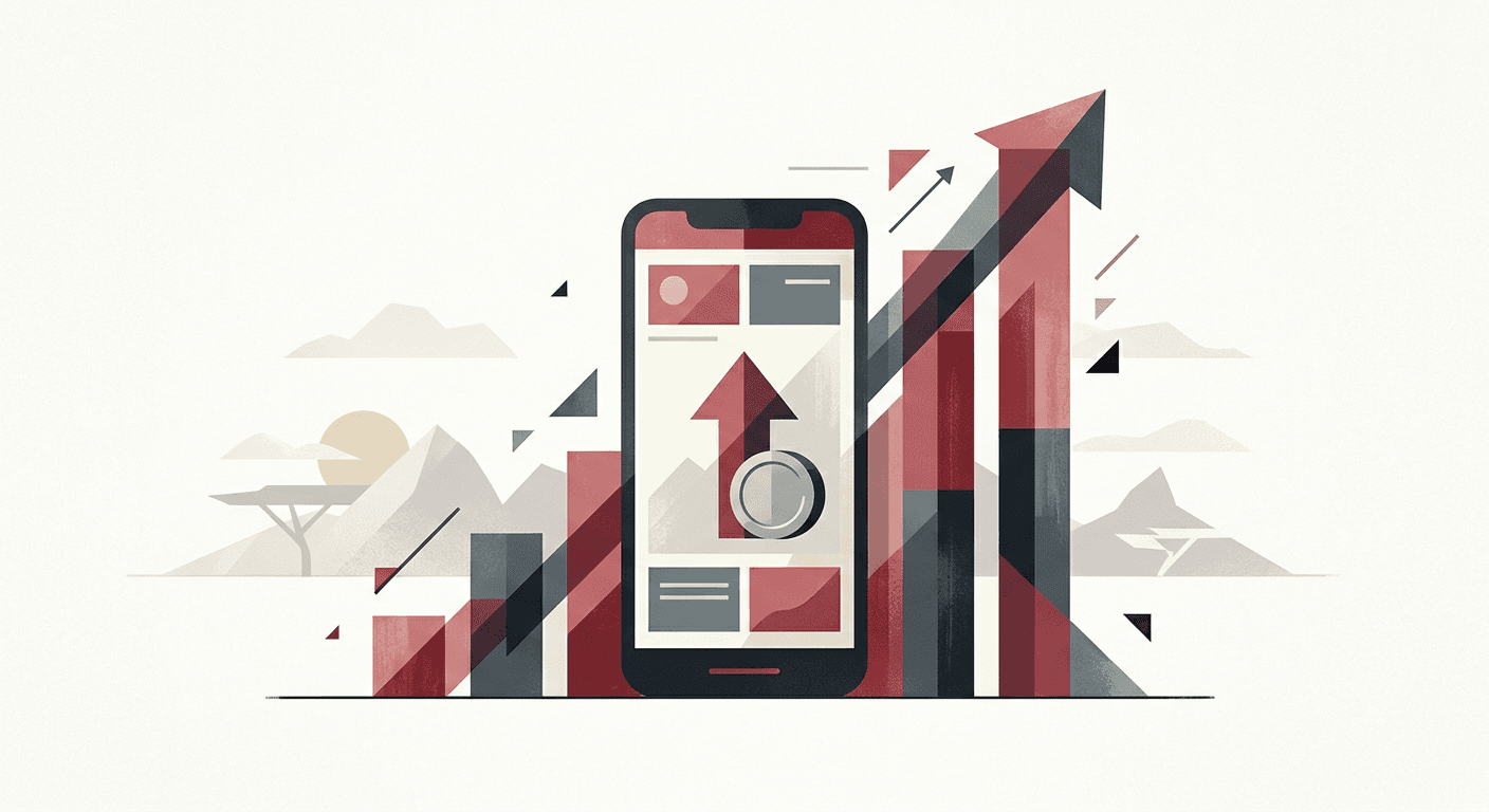 Abstract illustration of a mobile banking app interface with an upward earnings bar chart