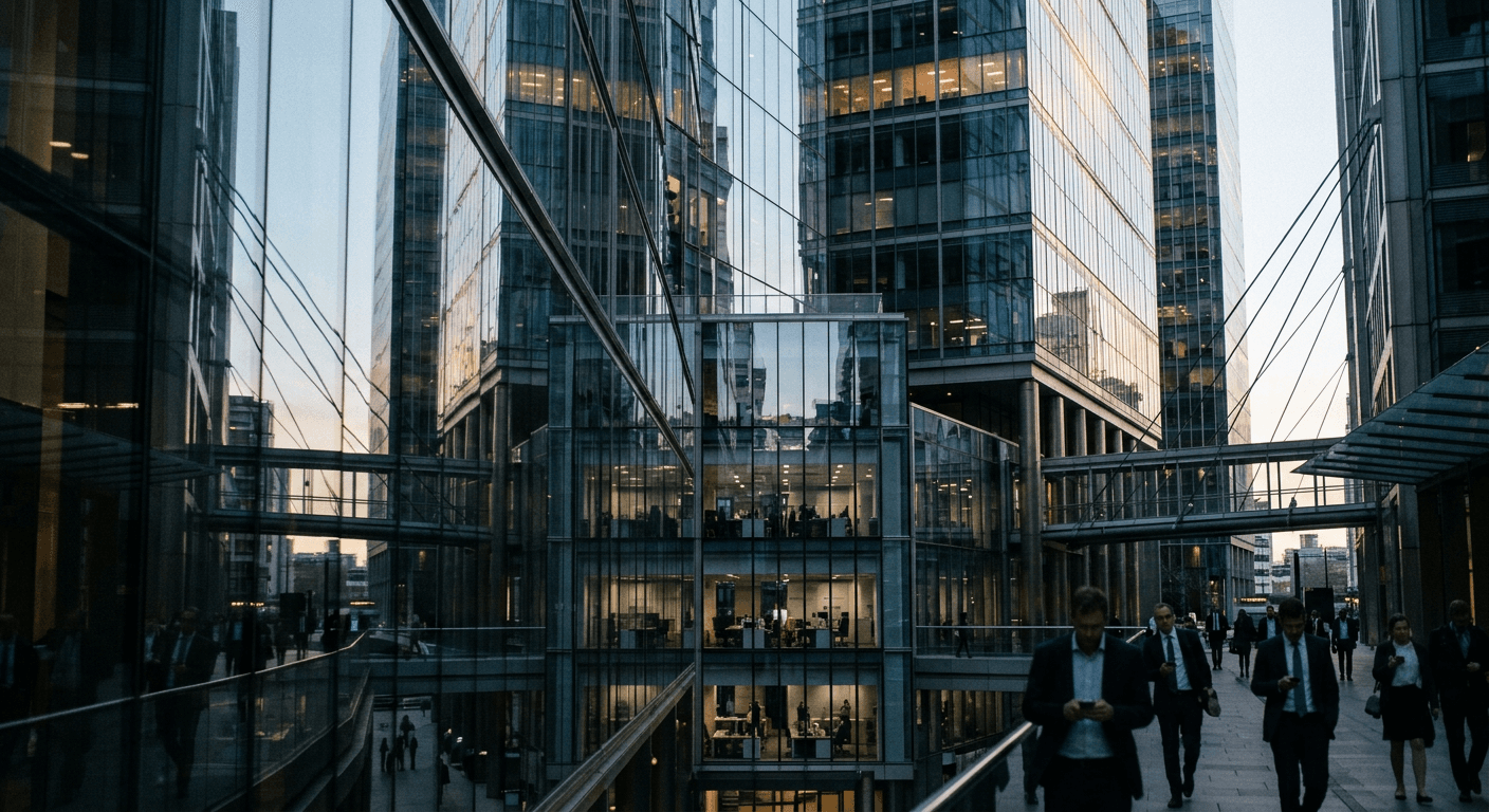 Layered glass office towers reflecting morning light in a financial district