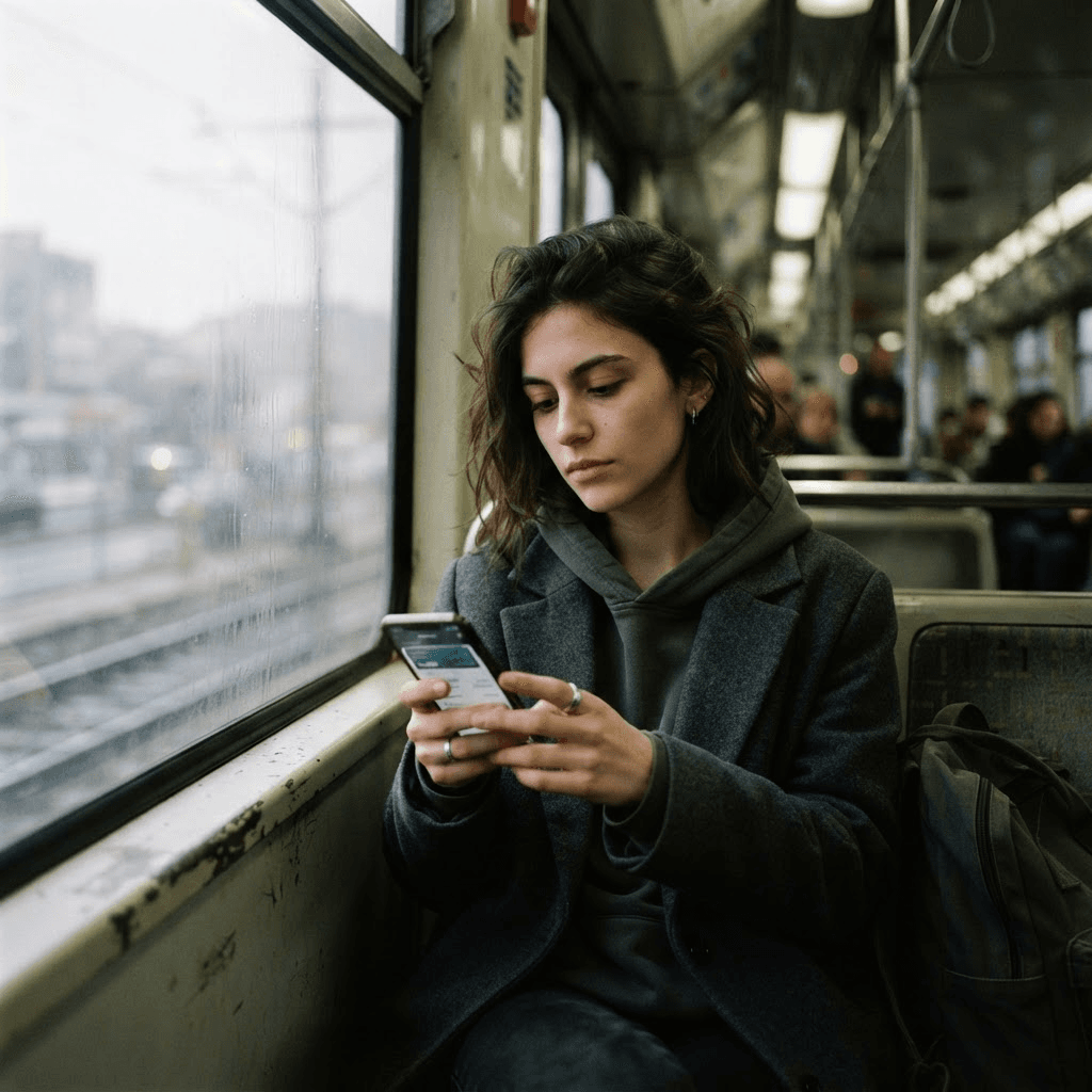 A young person checking a mobile banking app on a phone while riding public transit