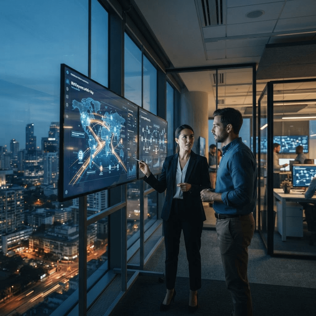 Fintech office at dusk with monitors displaying cross-border payment corridor maps