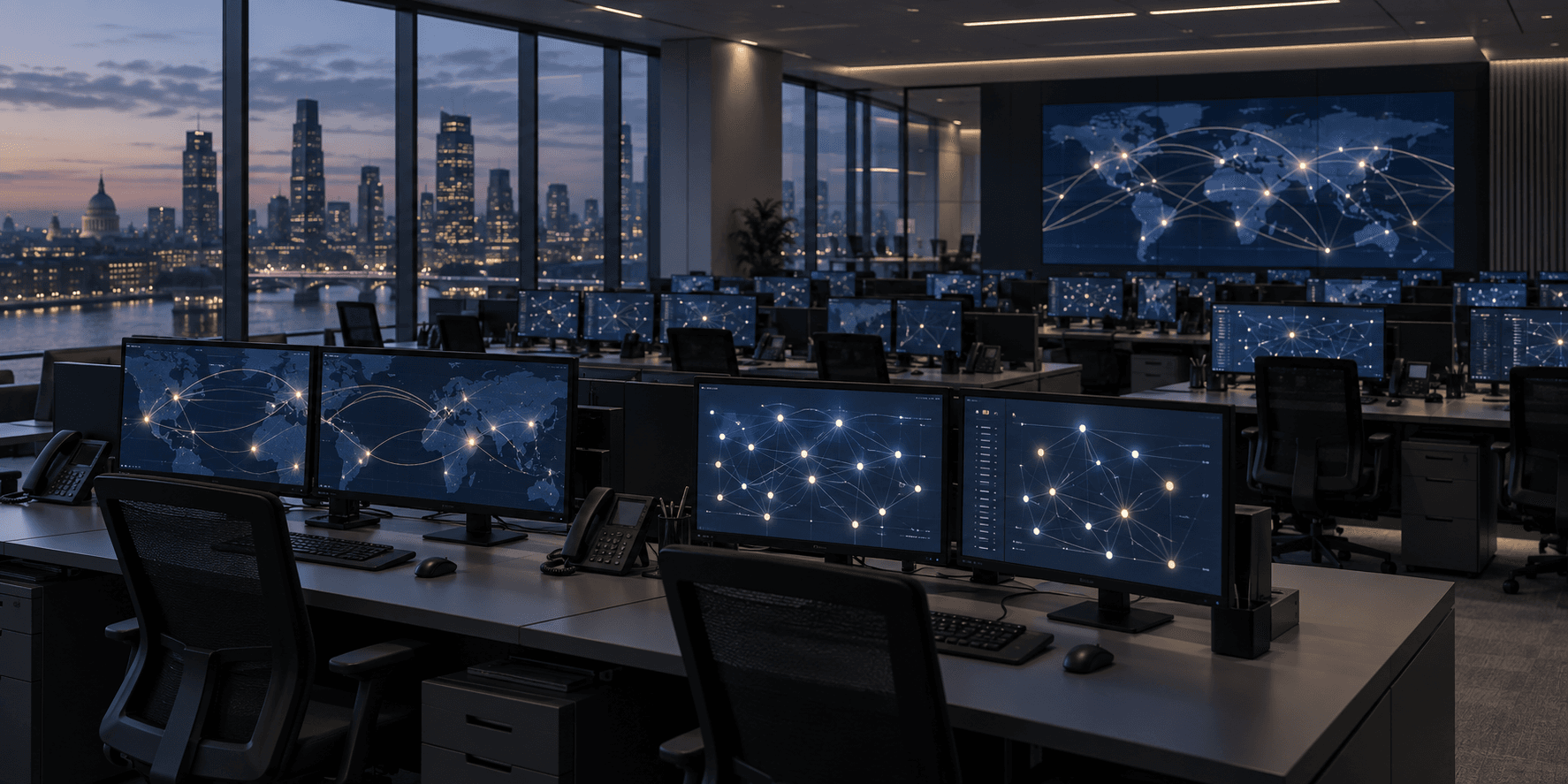 A dim bank operations center at dusk with rows of monitor screens showing abstract network diagrams