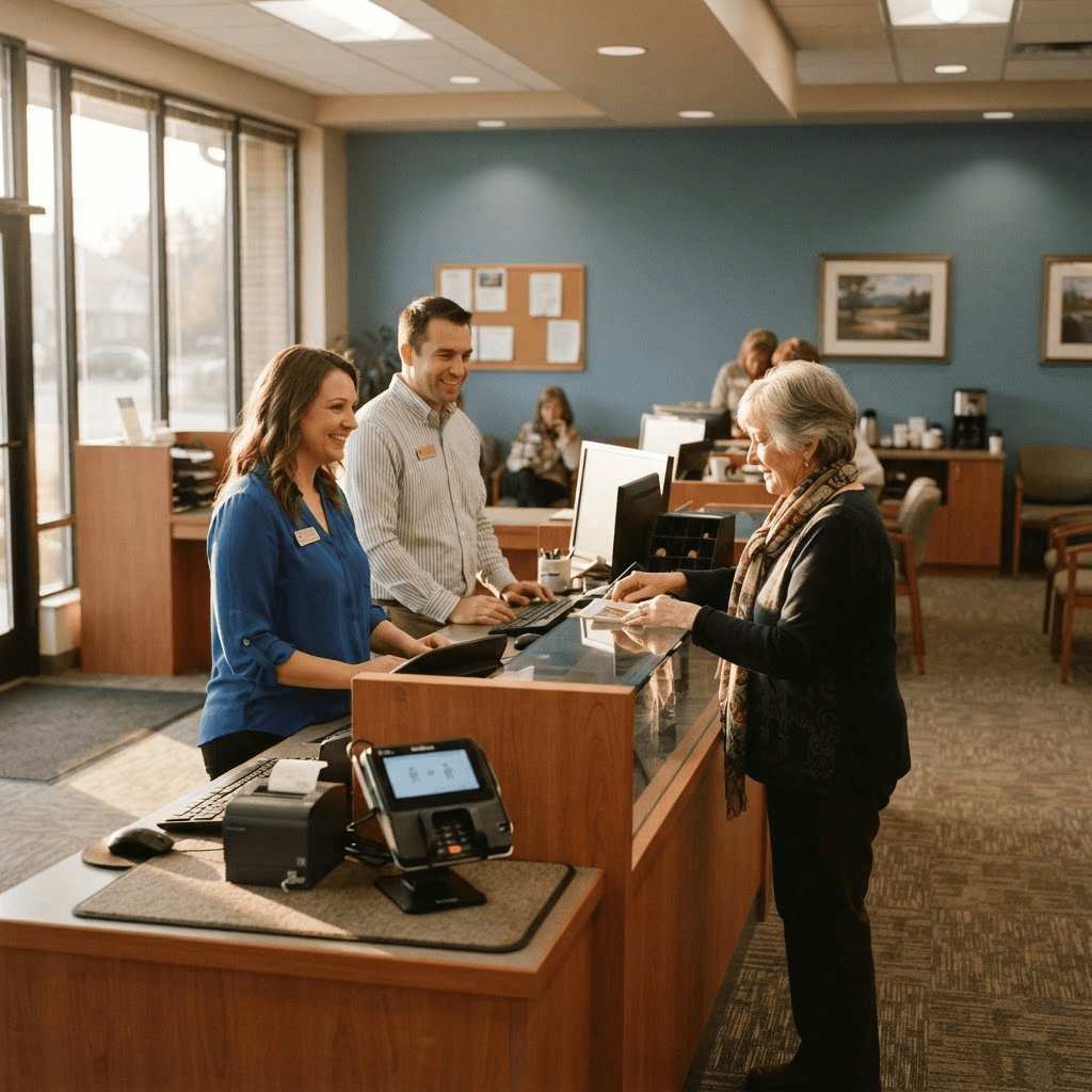 A small community bank branch interior with a teller counter in warm afternoon light