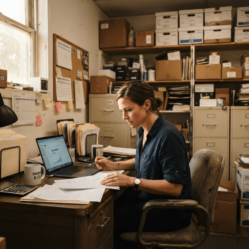 A small business owner reviewing paperwork and a laptop in a back office