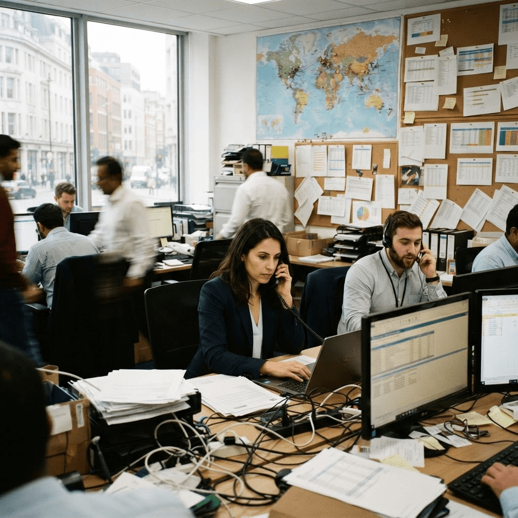 Staff in a busy import-export trading office arranging shipments beside a wall map