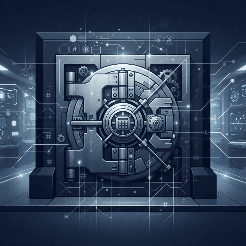 Abstract illustration of a secure vault structure overlaid with a digital ledger grid pattern