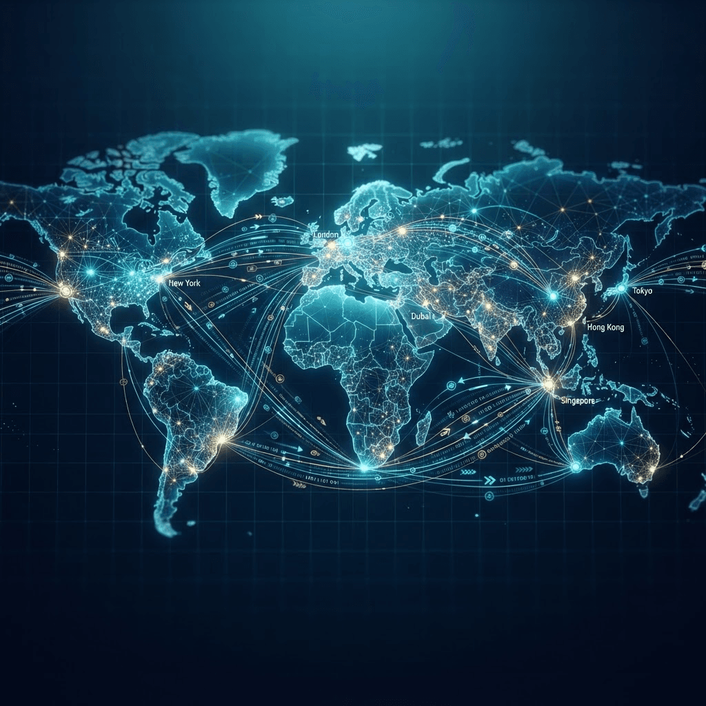 Abstract illustration of a glowing global network representing cross-border digital payment rails