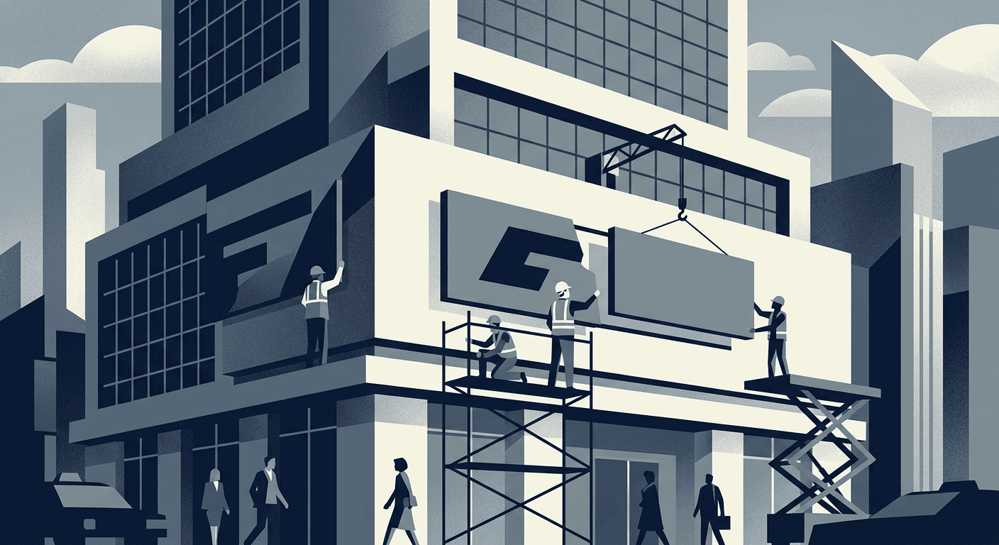 Abstract illustration of a bank building facade with a sign being changed