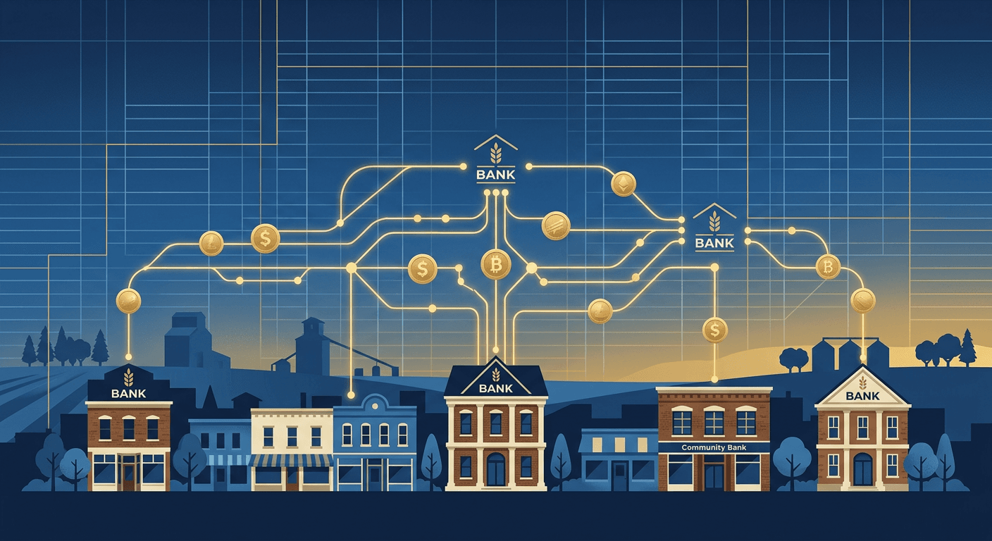 A stylized skyline of community bank buildings connected by a digital ledger network