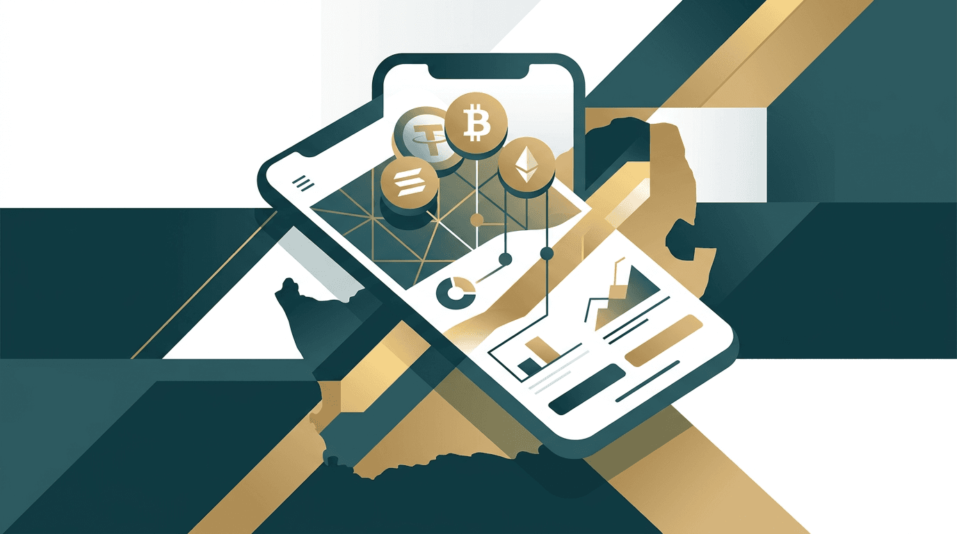 Abstract illustration of a mobile banking interface with simplified cryptocurrency coin icons