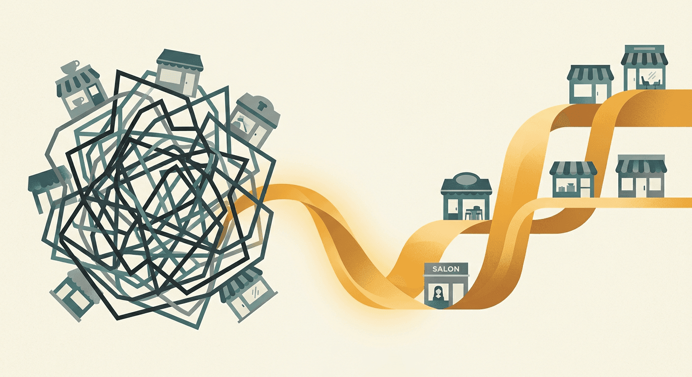 Abstract illustration of small storefront silhouettes connected by a ribbon of capital replacing a tangled debt knot