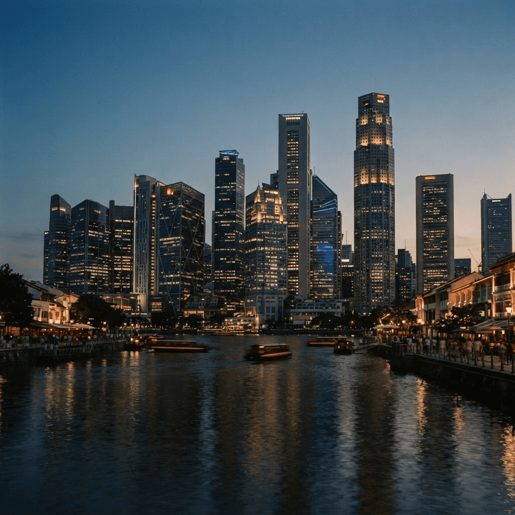 Singapore skyline at dusk with glass office towers reflecting city lights on a river