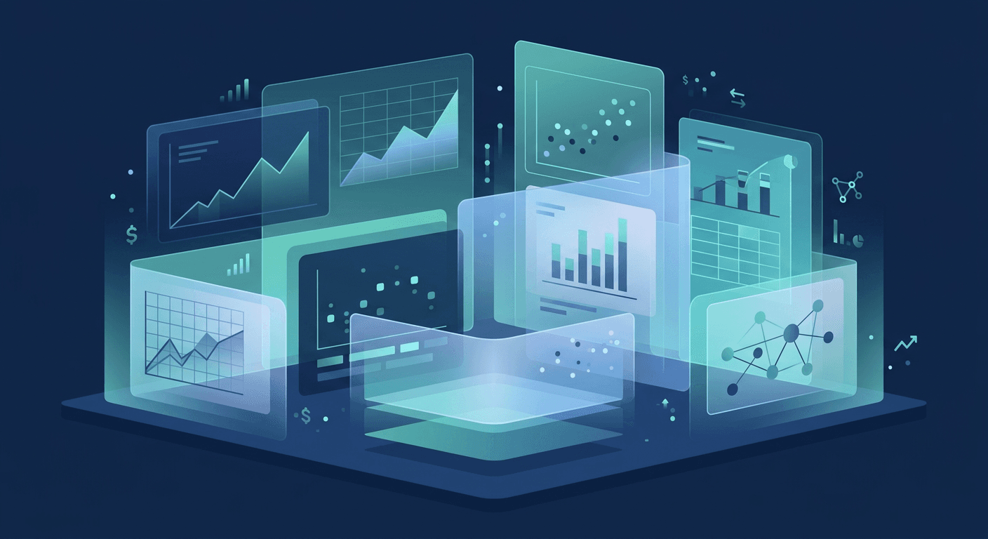 Abstract layered data panels representing a simulated training environment for financial analysis