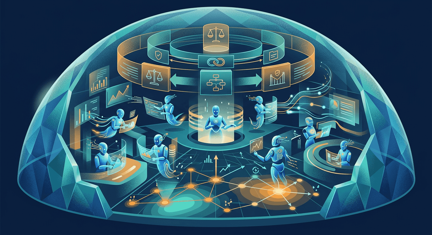 Autonomous AI agents inside a bank surrounded by governance controls and risk maps