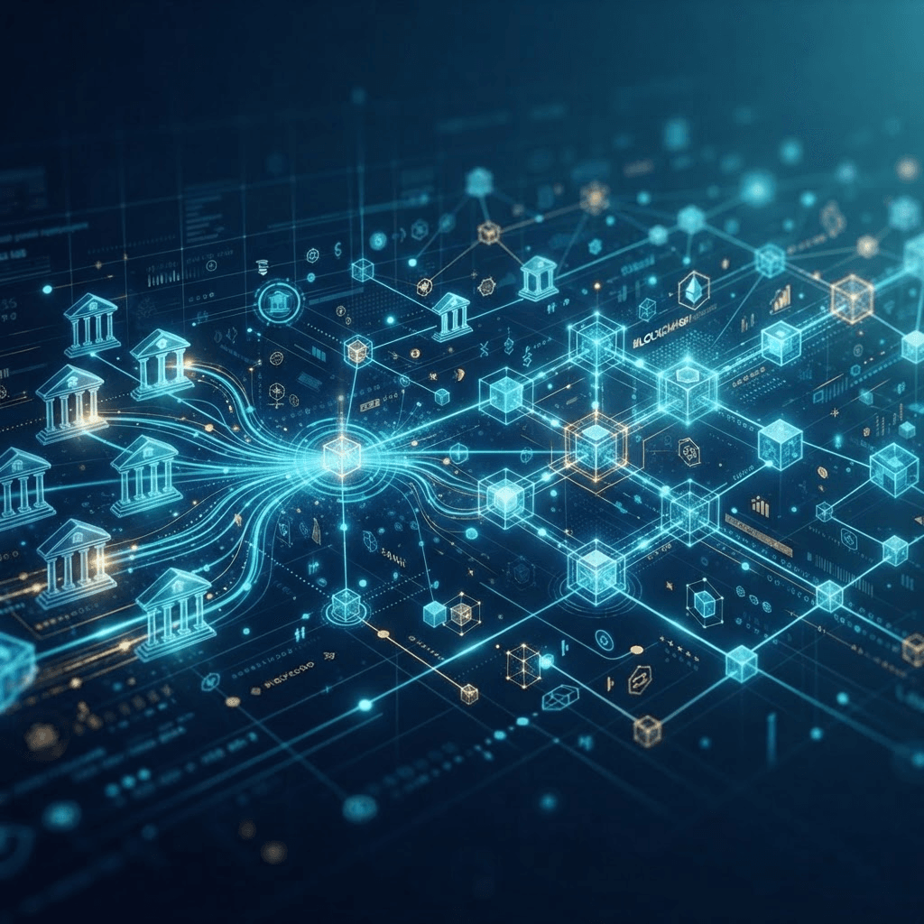 Abstract visualization of glowing ledger nodes connecting bank rail icons and blockchain blocks
