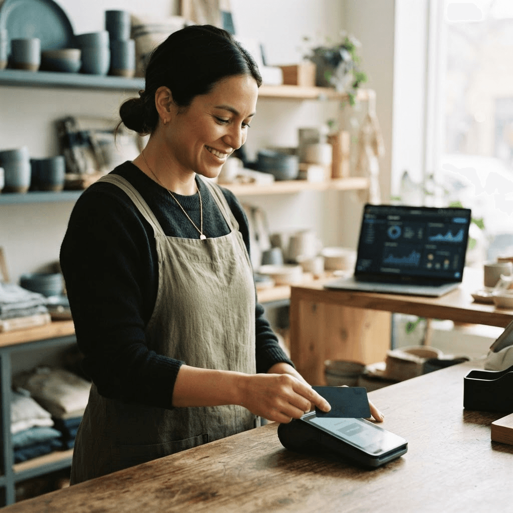 A small business owner tapping a card on a countertop payment terminal in a boutique shop
