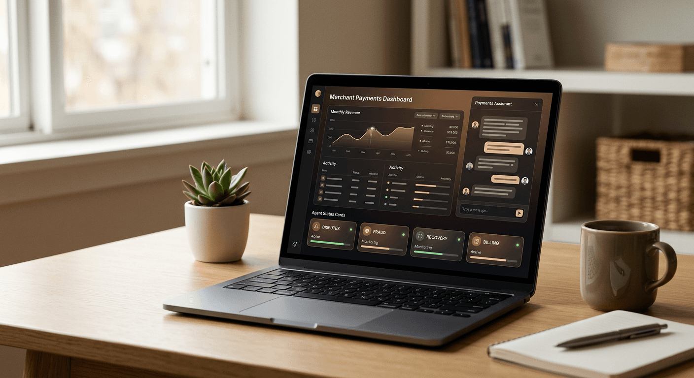 A merchant dashboard showing a chat-style AI assistant panel alongside agent status cards