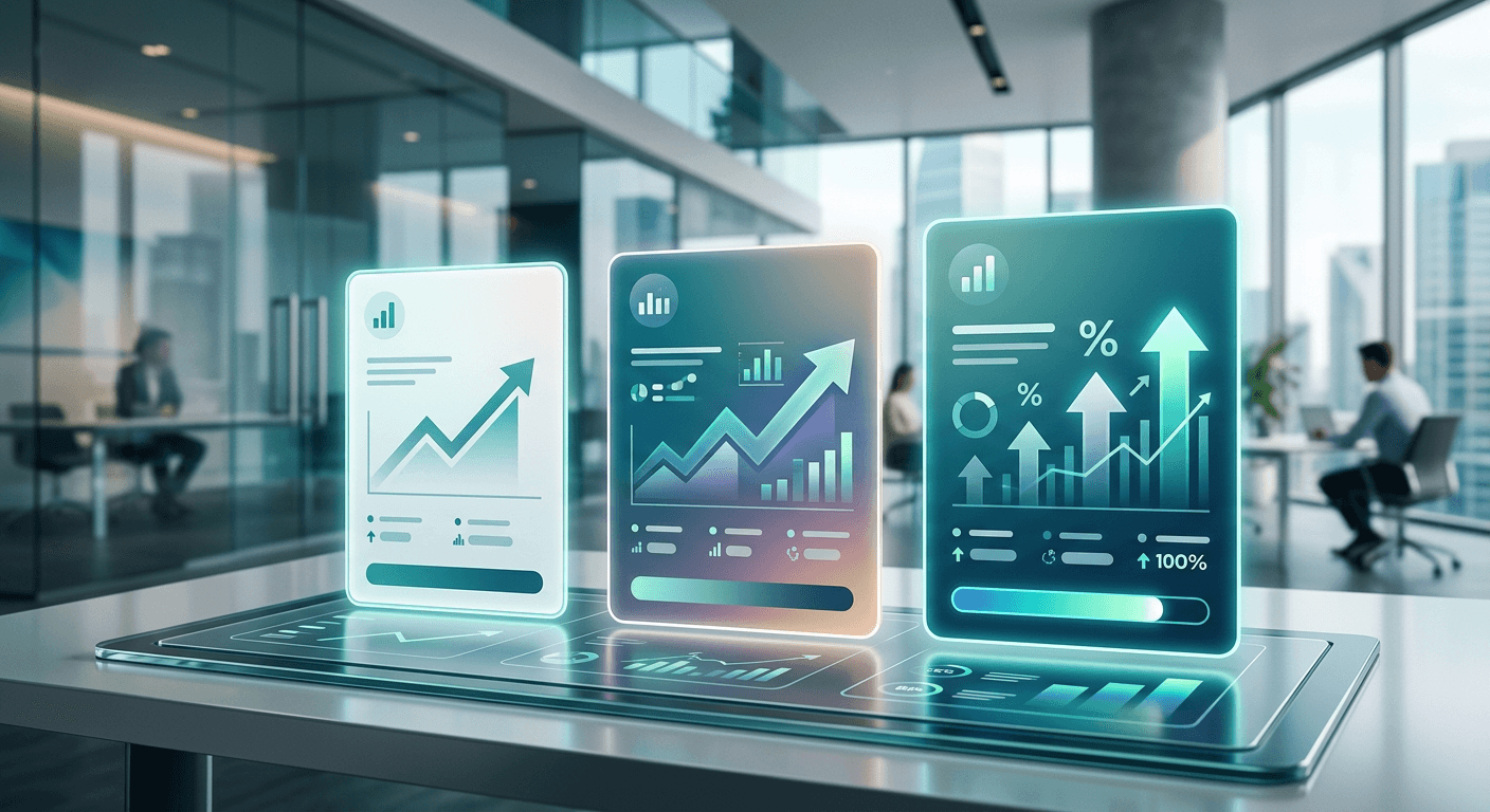 An abstract dashboard visualization with tiered pricing cards and an upward recovery-rate arrow