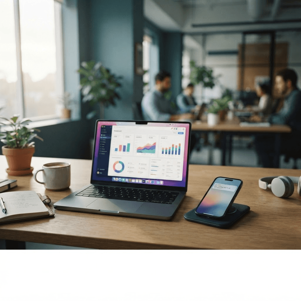 A calm office desk with a laptop showing dashboard charts and a smartphone notification
