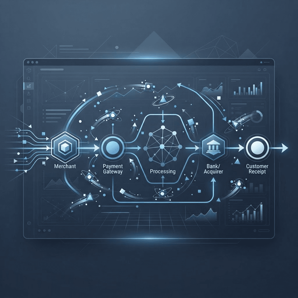 Abstract illustration of a payment dashboard with small autonomous agent nodes working around a central transaction flow
