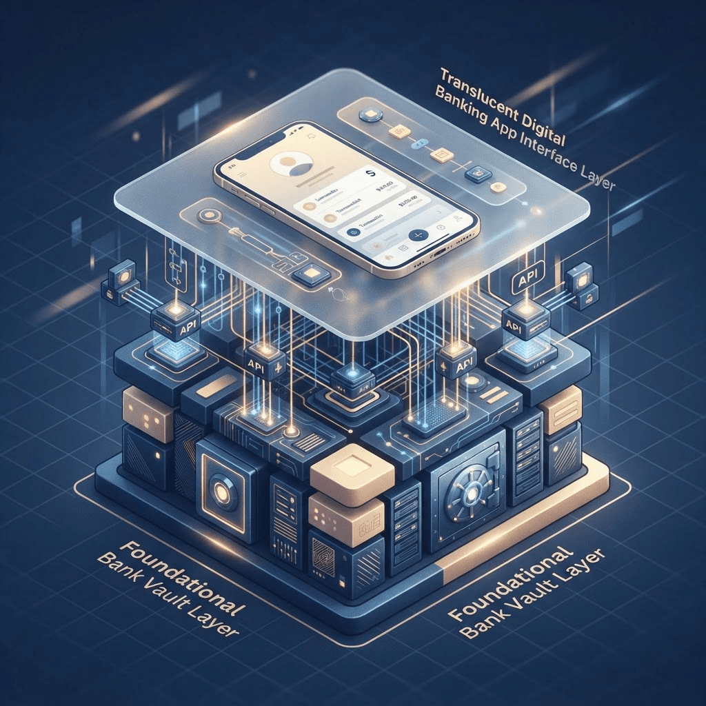 Abstract illustration of a layered banking infrastructure diagram with a vault layer beneath a digital app interface