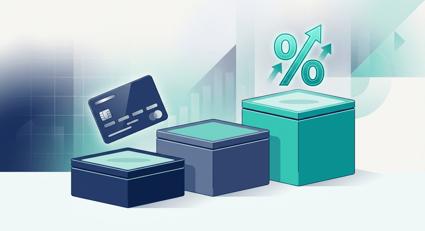 Abstract illustration of a tiered pricing comparison with a corporate card and a yield symbol
